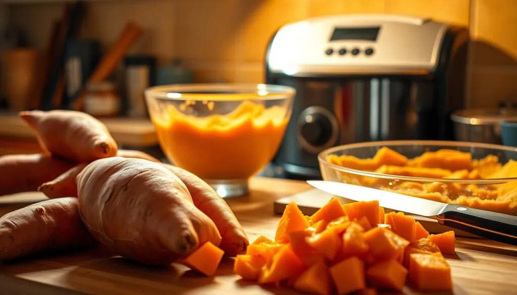 A beautifully lit kitchen counter, bathed in warm, golden light. In the foreground, a selection of fresh sweet potatoes, their vibrant orange hues gleaming. Next to them, a cutting board and a sharp knife, ready to slice and dice the tubers. In the middle ground, a mixing bowl filled with a creamy, custard-like batter, infused with the fragrant aromas of cinnamon, vanilla, and nutmeg. In the background, a traditional Jamaican stove or oven, its stately presence hinting at the authentic preparation to come. The atmosphere is one of culinary expertise and inviting comfort, capturing the essence of Jamaican sweet potato pudding.
