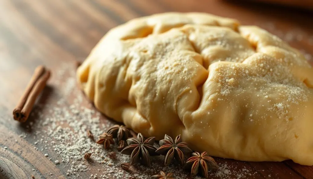 A perfectly golden homemade pastry dough rests on a rustic wooden surface, dusted with a blend of aromatic spices. The dough's flaky texture is highlighted by the warm, muted lighting, casting subtle shadows that accentuate its intricate folds. In the middle ground, a selection of whole spices, such as cinnamon sticks, cloves, and star anise, are scattered, hinting at the flavors that will be infused into the dough. The background is softly blurred, allowing the focus to remain on the tempting pastry, ready to be transformed into the perfect Jamaican patties, bursting with a unique blend of spices.