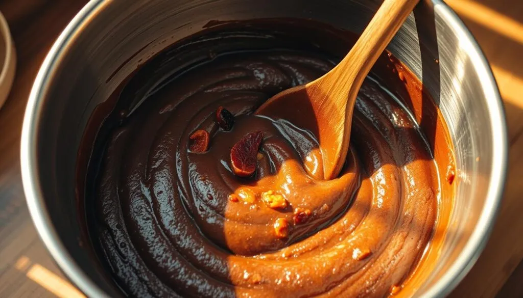 A large stainless steel mixing bowl filled with a rich, dark brown batter, the surface glistening with flecks of candied fruit and spices. The batter has a thick, velvety texture, swirling and folding as a wooden spoon gently stirs it. Warm, golden light cascades over the scene, casting soft shadows that accentuate the batter's depth and complexity. The background is softly blurred, allowing the viewer to focus solely on the captivating preparation of this traditional Jamaican delicacy. A large stainless steel mixing bowl filled with a rich, dark brown batter, the surface glistening with flecks of candied fruit and spices. The batter has a thick, velvety texture, swirling and folding as a wooden spoon gently stirs it. Warm, golden light cascades over the scene, casting soft shadows that accentuate the batter's depth and complexity. The background is softly blurred, allowing the viewer to focus solely on the captivating preparation of this traditional Jamaican delicacy.
