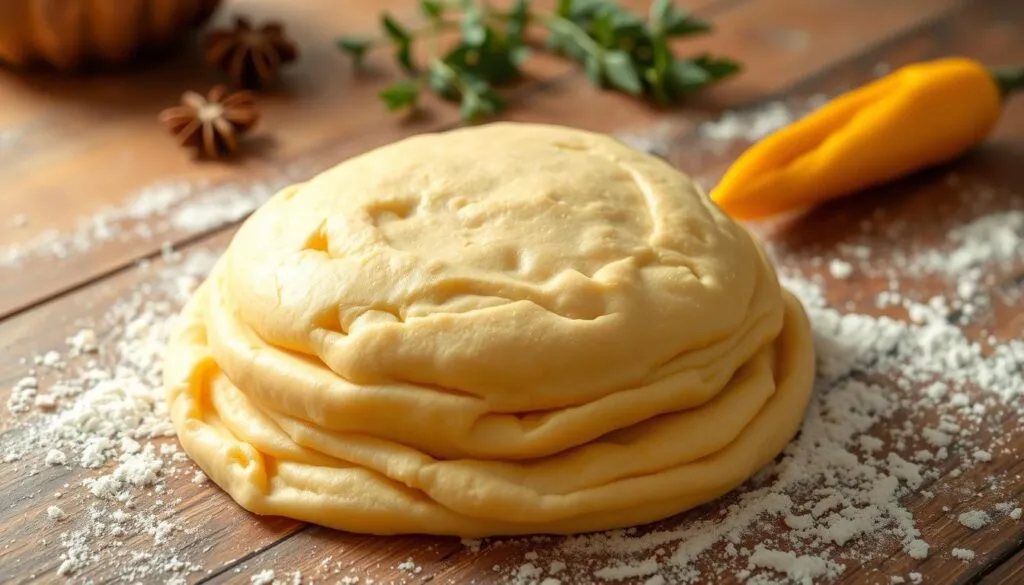 A neatly arranged wooden table, the surface lightly dusted with flour, holds a pile of freshly prepared Jamaican patty dough. The dough is a rich, golden color, with a smooth, pliable texture, ready to be rolled out and shaped into the iconic crescent-moon pastry. Soft, natural lighting casts a warm glow, highlighting the intricate layers and subtle patterns within the dough. In the background, a few key spices and herbs, such as thyme, allspice, and Scotch bonnet peppers, hint at the bold flavors to come. The overall scene conveys the traditional, homemade nature of this beloved Jamaican delicacy. A neatly arranged wooden table, the surface lightly dusted with flour, holds a pile of freshly prepared Jamaican patty dough. The dough is a rich, golden color, with a smooth, pliable texture, ready to be rolled out and shaped into the iconic crescent-moon pastry. Soft, natural lighting casts a warm glow, highlighting the intricate layers and subtle patterns within the dough. In the background, a few key spices and herbs, such as thyme, allspice, and Scotch bonnet peppers, hint at the bold flavors to come. The overall scene conveys the traditional, homemade nature of this beloved Jamaican delicacy.