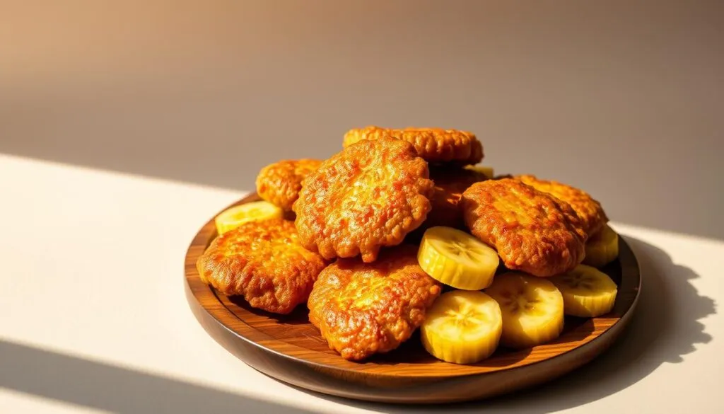 A still life photograph of freshly fried Jamaican banana fritters on a wooden serving platter. The fritters are golden-brown with a crispy exterior, glistening with a light coating of oil. Ripe, sliced bananas are arranged around the fritters, their vibrant yellow hues complementing the deep umber tones. Soft, natural lighting illuminates the scene, casting gentle shadows and highlighting the textural details. The platter is set against a plain, neutral background, allowing the stars of the show - the delectable banana fritters - to take center stage. The mood is warm, inviting, and evocative of the Caribbean islands.