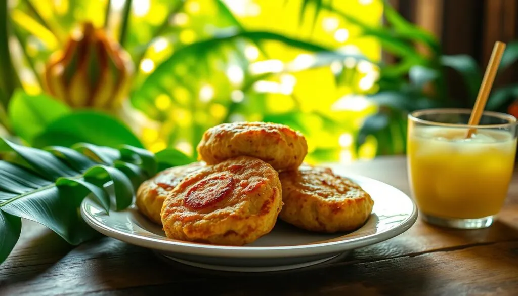 Vibrant Caribbean banana fritters, glistening with a golden-brown crust, nestled against a backdrop of lush tropical foliage. A plate set on a rustic wooden table, with a refreshing glass of chilled coconut water or a zesty rum punch nearby, reflecting the flavors of the islands. Warm sunlight filters through the window, casting a soft, inviting glow over the scene. The fritters' tempting aroma beckons, promising a delightful balance of sweet, savory, and subtly spiced flavors that transport the senses to the sun-drenched shores of Jamaica.